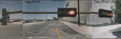 Traffic-light insertion artifact across reconstructed camera views.
